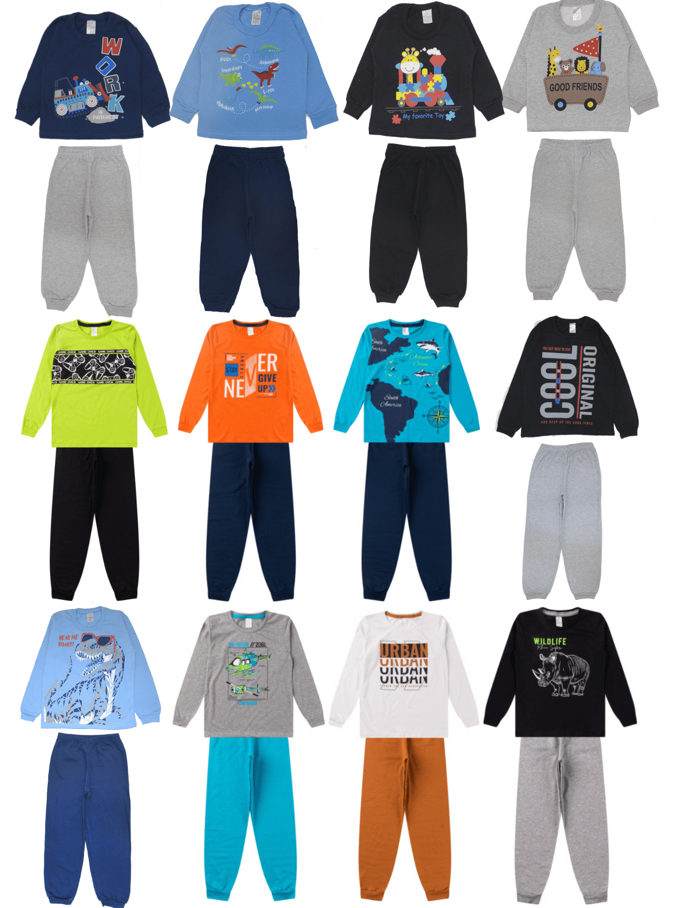 Kit 6 Peças Moletom Infantil Menino Inverno – 3 Casacos + 3 Calças – Tamanho 1 ao 14