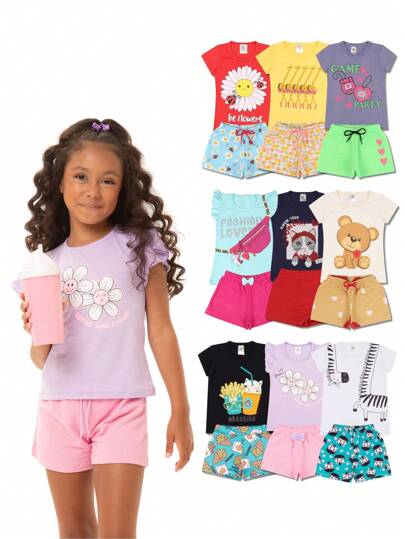 Kit 10 Peças de Roupas Infantil Menina – 5 Camisetas + 5 Bermudas