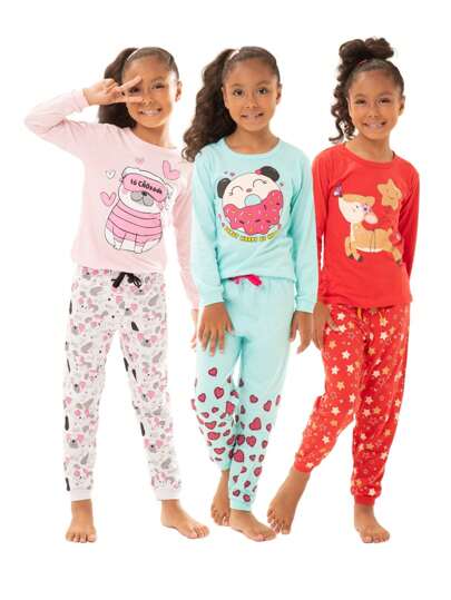 Kit 4 Peças Pijama Infantil Menina Manga Comprida Inverno Bebe Tamanho 1 ao 10