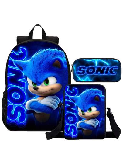 Mochila Escolar De Costas Com Lancheira e Estojo Game Personagem Sonic Menino Menina