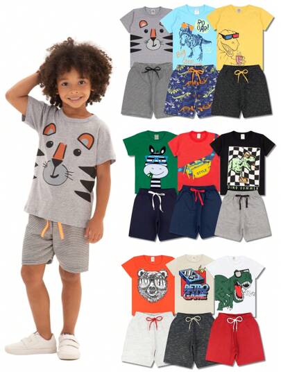 Kit 4 Peças de Roupas Infantil Menino – 2 Camisetas + 2 Bermudas