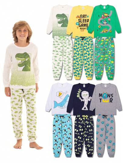 Kit 6 Peças Pijama Infantil Menino Manga Comprida Inverno Bebe Tamanho 1 ao 10