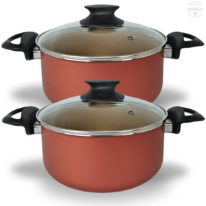 Kit Panelas Caçarolas 02 Peças TAMANHO GRANDE 22 e 24 cm Antiaderente 5 Camadas De Teflon Cor Cereja e Dourado