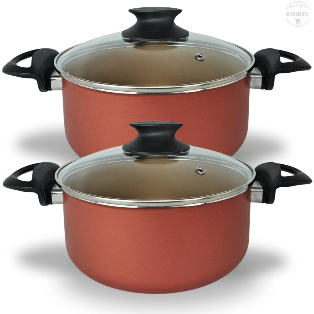 Kit Panelas Caçarolas 02 Peças TAMANHO GRANDE 22 e 24 cm Antiaderente 5 Camadas De Teflon Cor Cereja e Dourado