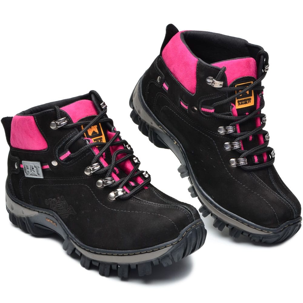 Bota Coturno CAT Adventro Peto Com Rosa Couro Legitimo