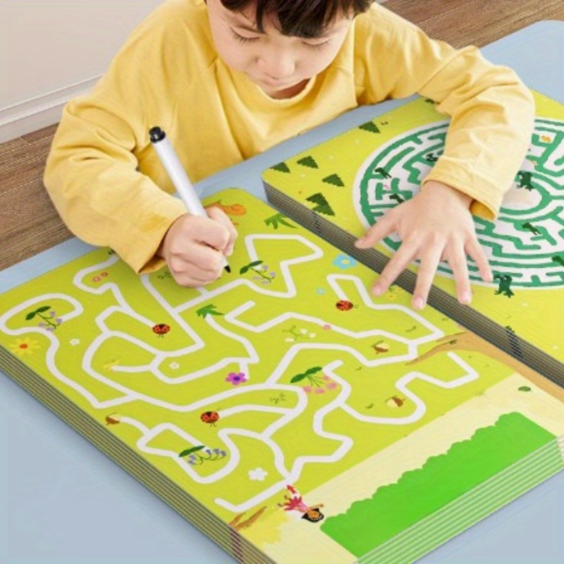 Livro de treino de labirinto inteligente com 64 páginas, equipado com três canetas e um borrador, ideal para presentes de aniversário, Natal, etc.